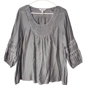 Vintage Krazy Kat Womens XL Gray Beaded Embroidered Boho 3/4 Sleeve Peasant